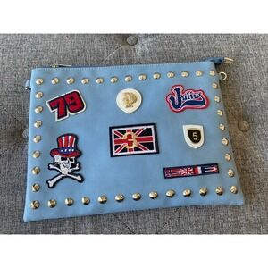 UK English Patch Crossbody Zip Pouch Outer Pocket Blue Faux Leather 13x10 New